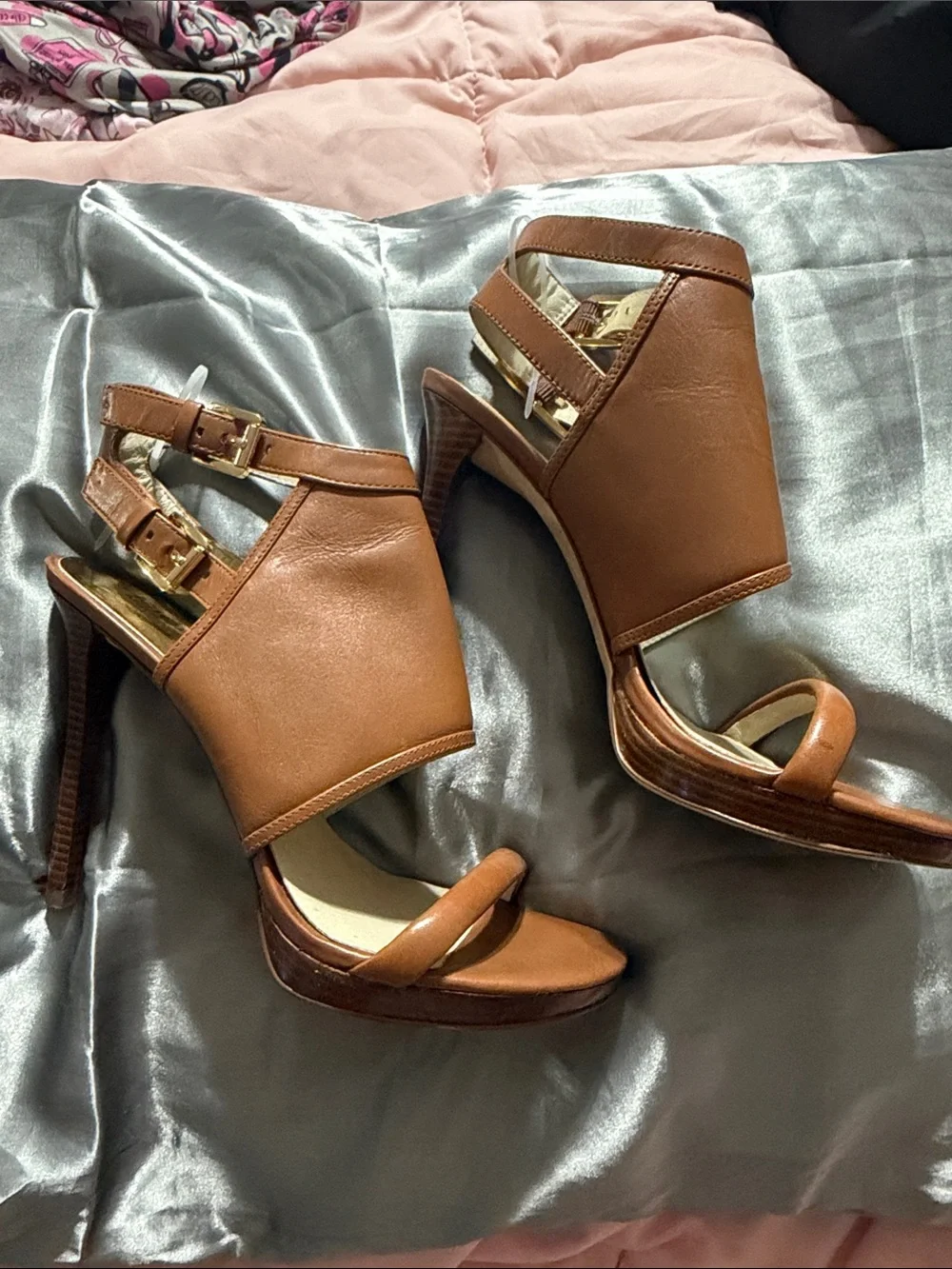 Michael Kors Tan Leather Double-Buckle Stiletto Sandals